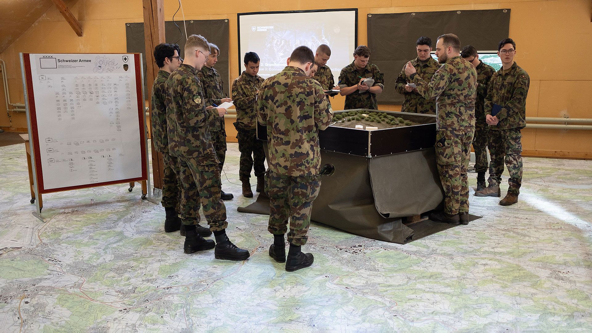 Aspirantinnen und Aspiranten stehen um einen Sandkasten, der sich auf einer überdimensionalen Landkarte befindet, herum.