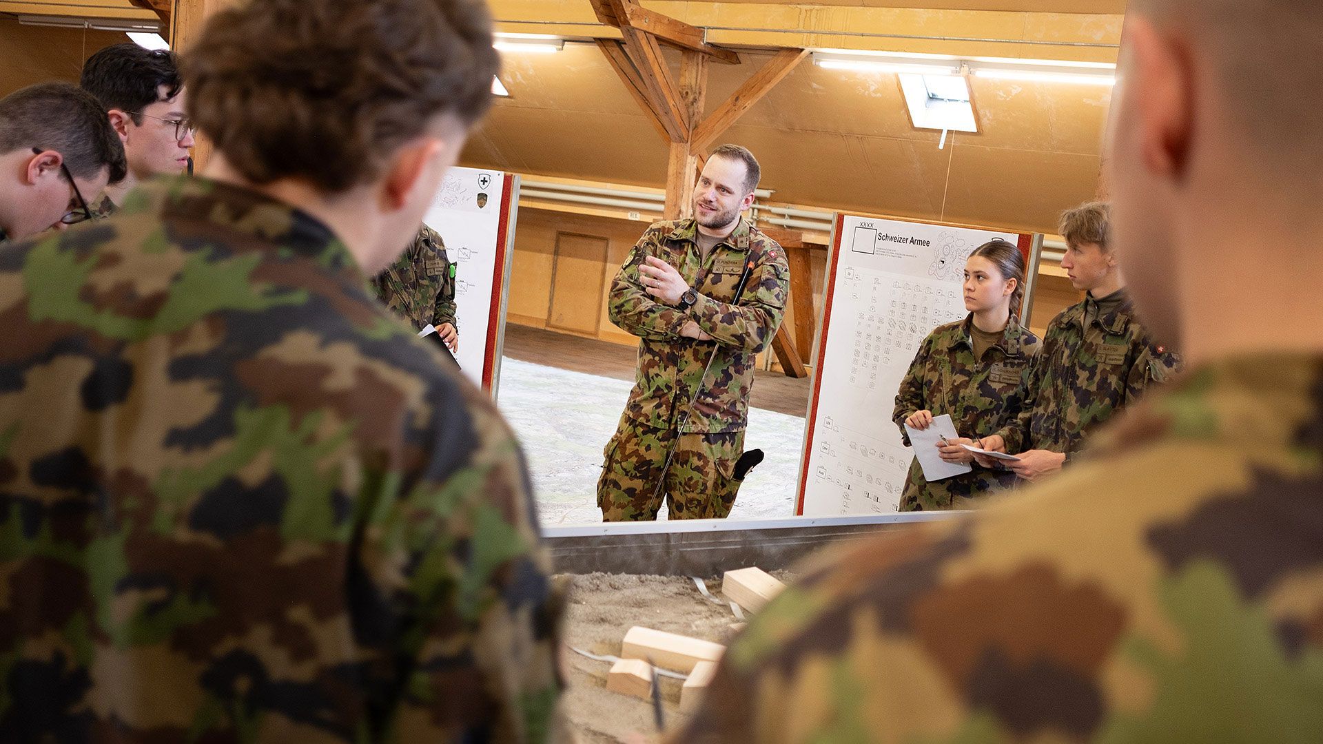 Major im Generalstab Daniel Pünchera mit Aspirantinnen und Aspiranten am Taktik-Sandkasten.